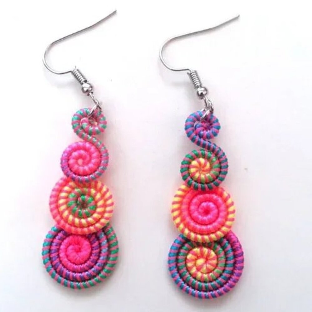 Earrings Swirls Bright Colorful Spiral Dangle Hippie Neon Rainbow Boho Summer